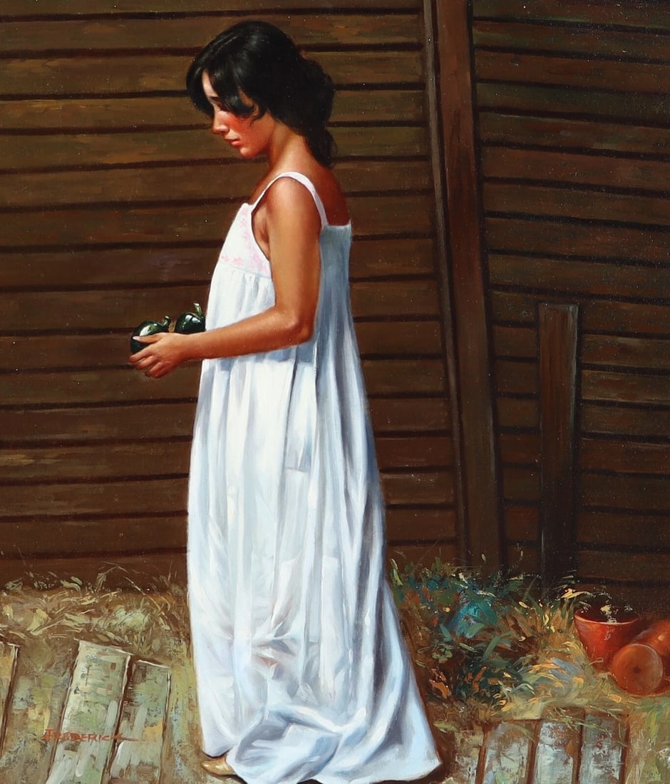Artist Unidentified Pretty Woman in a White Gown Holding Peppers oil painting - 3