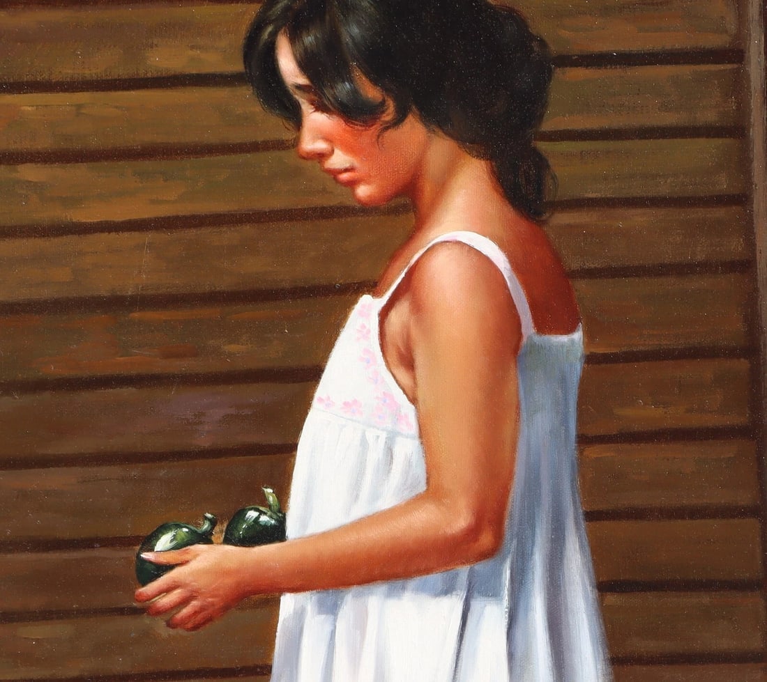 Artist Unidentified Pretty Woman in a White Gown Holding Peppers oil painting - 4