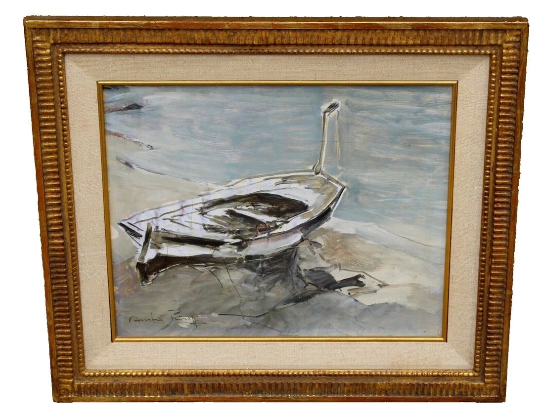 ANDRE PETROFF Modern Boat Scene oil Nice France 1953 Compare at $1634.11 - 2
