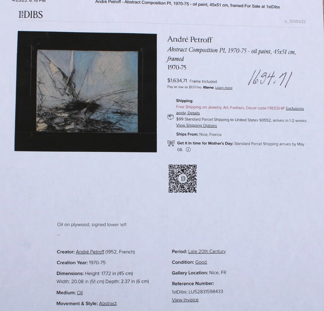 ANDRE PETROFF Modern Boat Scene oil Nice France 1953 Compare at $1634.11 - 6