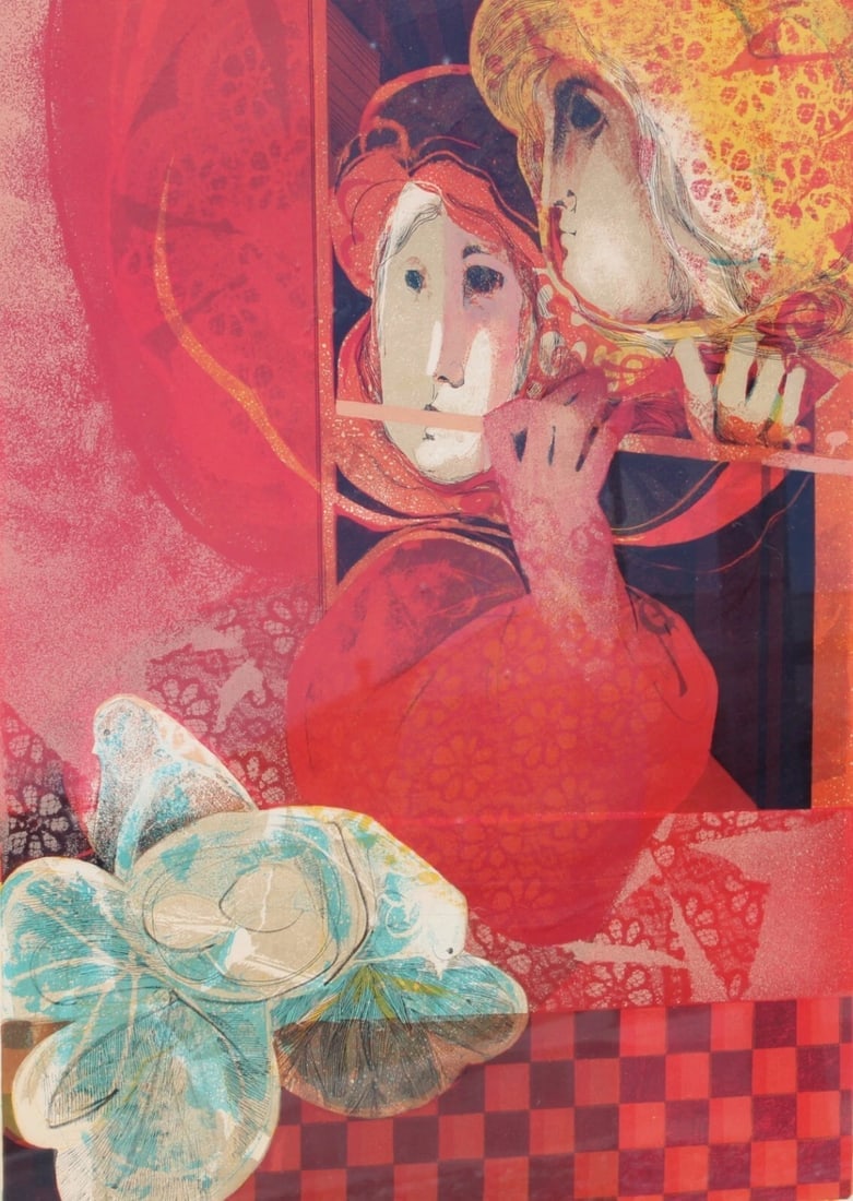 SUNOL ALVAR Two Figures with a Flute color lithograph S/N 68/225 - 2