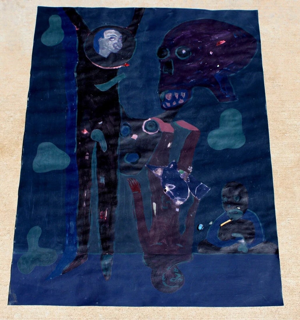 AARON WRINKLE Modernist Acrylic on Paper w/ Figure & Skull from Diana Zlotnick - 2