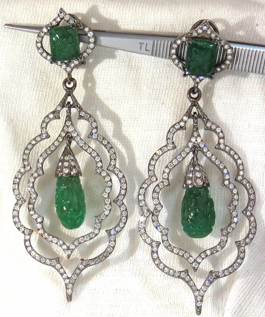 29.50ct NATURAL CARVED EMERALDS DIAMONDS DANGLING EARRINGS 14kt**: Title: 29.50ct NATURAL CARVED EMERALDS DIAMONDS DANGLING EARRINGS 14kt** Description: Mod Deco Blackened Gold Carved Emerald Dangles 25.00ct. Natural Carved Emeralds 16.4mm X 8mm upper: 10 X 8mm Semi