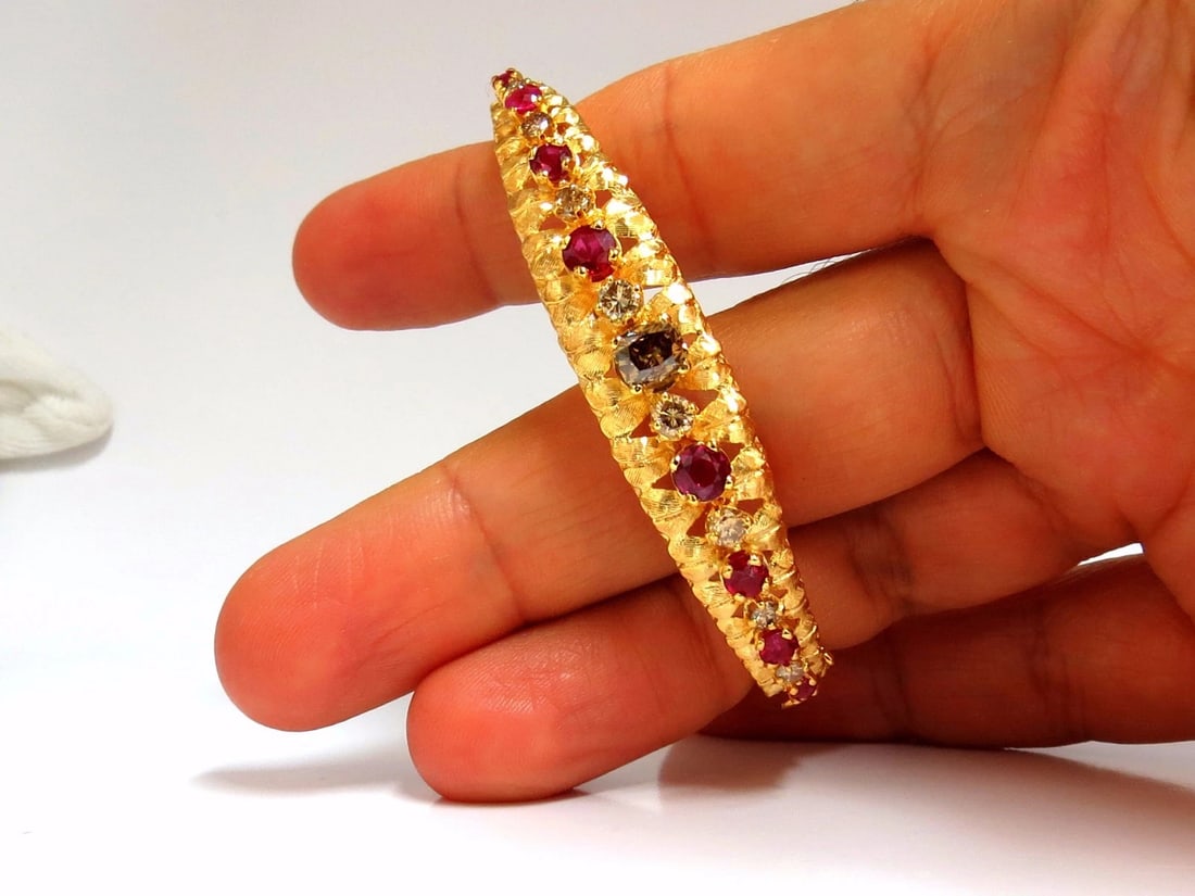 3.26CT NATURAL RUBY FANCY COLOR DIAMONDS BANGLE BRACELET EURO DECO 14kt** - 7