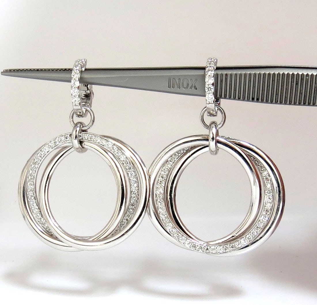 1.26ct NATURAL ROUND DIAMONDS DANGLE ROLLING RINGS EARRINGS 14KT LARGE**: Title: 1.26ct NATURAL ROUND DIAMONDS DANGLE ROLLING RINGS EARRINGS 14KT LARGE** Description: Rolling Rings circle earrings. The Modern Dangle. 1.26cts of natural round diamonds: G-color, Vs-2