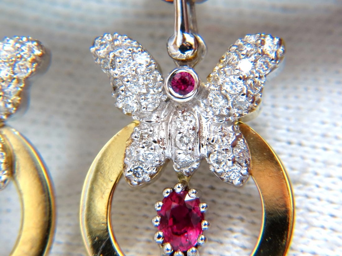 1.70CT NATURAL OVAL BRIGHT RED RUBY DIAMOND DANGLE BUTTERFLY EARRINGS 14KT** - 3
