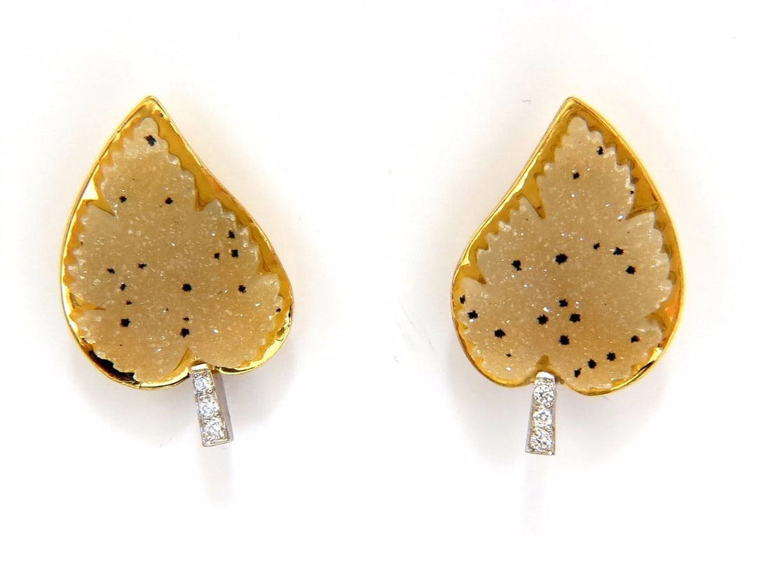 18kt .25ct diamonds matrix quartz rough slice leaf earrings omega 3d**: Title: 18kt .25ct diamonds matrix quartz rough slice leaf earrings omega 3d** Description: Natural Matrix Raw Sliced quartz & Diamond Leaf Earrings. Diamonds Total Weight: .25ct. Rounds & Full cuts.