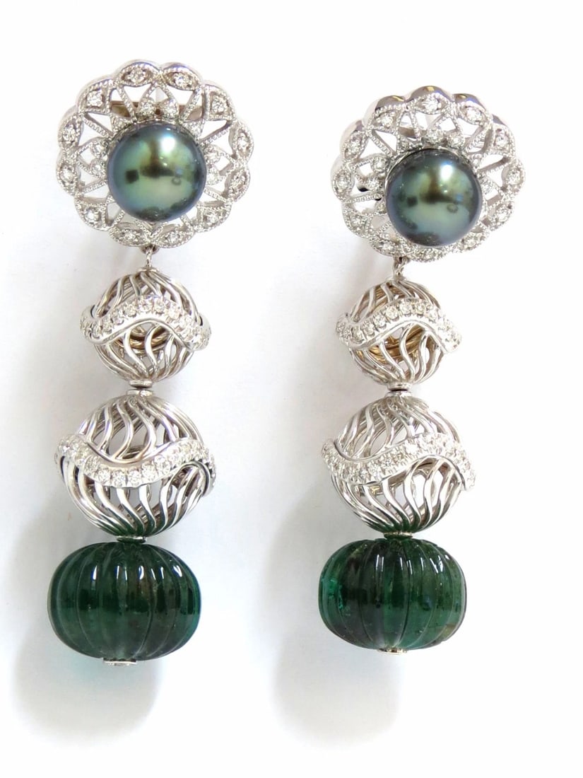 46CT NATURAL EMERALD DIAMOND PEACOCK TAHITIAN PEARL DANGLING EARRINGS 18KT** - 12