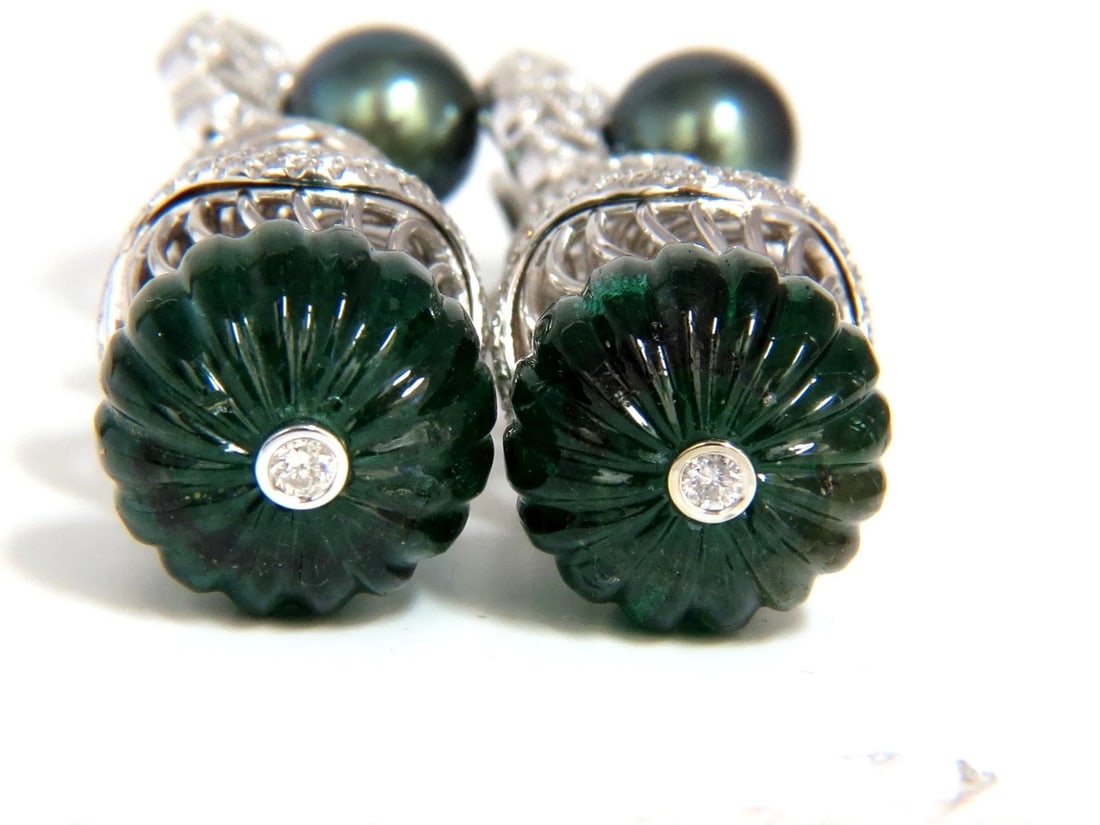 46CT NATURAL EMERALD DIAMOND PEACOCK TAHITIAN PEARL DANGLING EARRINGS 18KT** - 2