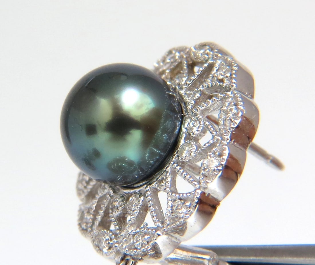 46CT NATURAL EMERALD DIAMOND PEACOCK TAHITIAN PEARL DANGLING EARRINGS 18KT** - 7