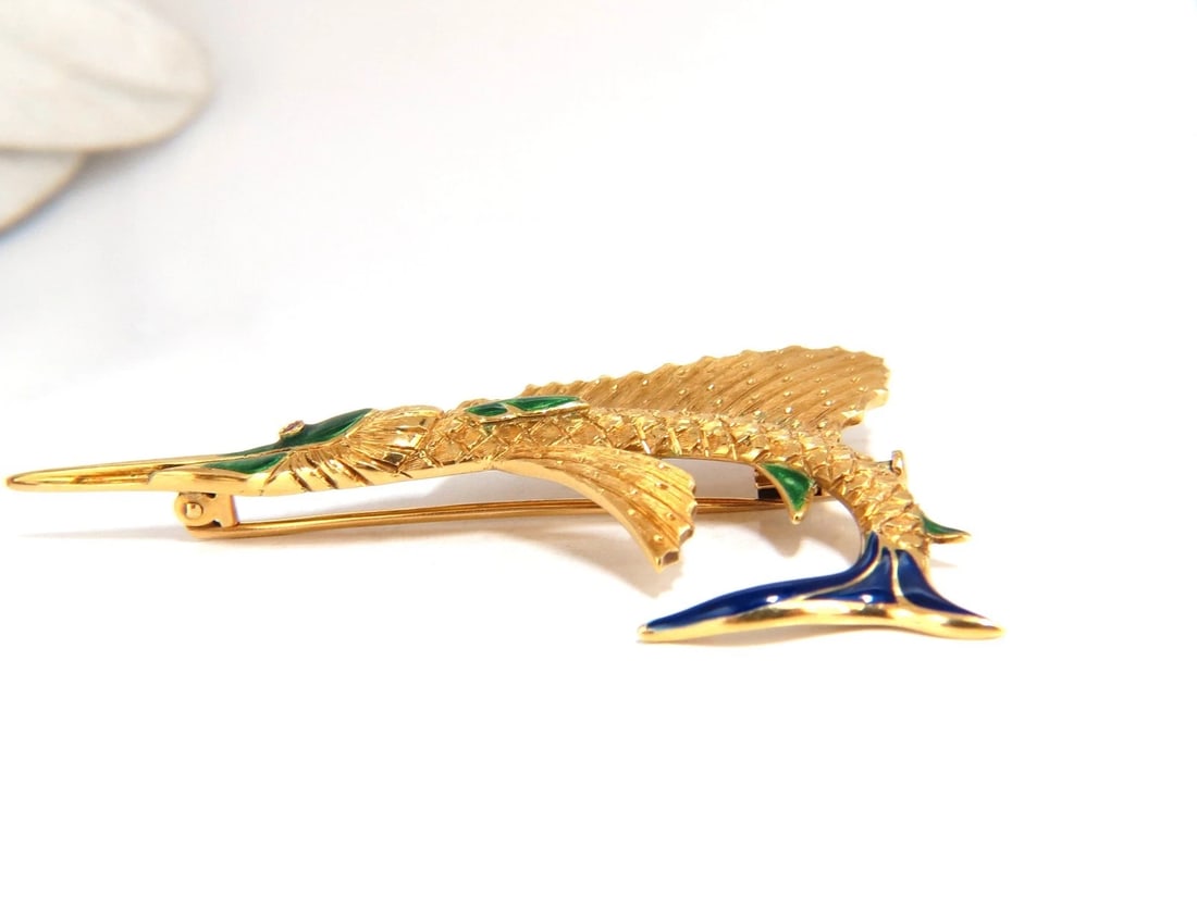 Art Deco Prime swordfish marlin brooch Enamel 14kt** - 3