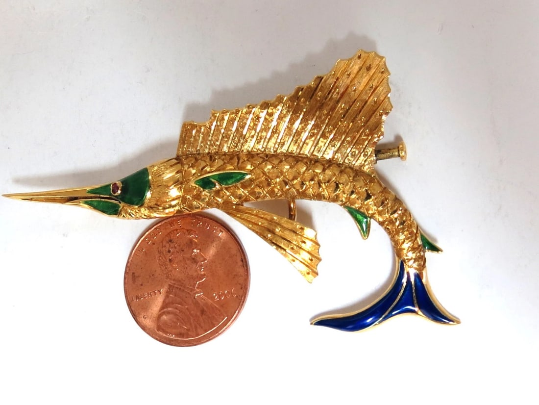Art Deco Prime swordfish marlin brooch Enamel 14kt** - 4