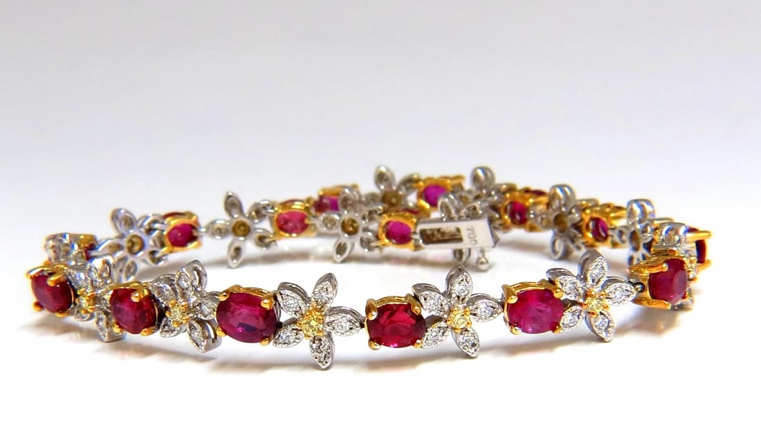 7.28ct Red natural ruby diamonds flower cluster tennis bracelet 18kt gold** (1 of 4)