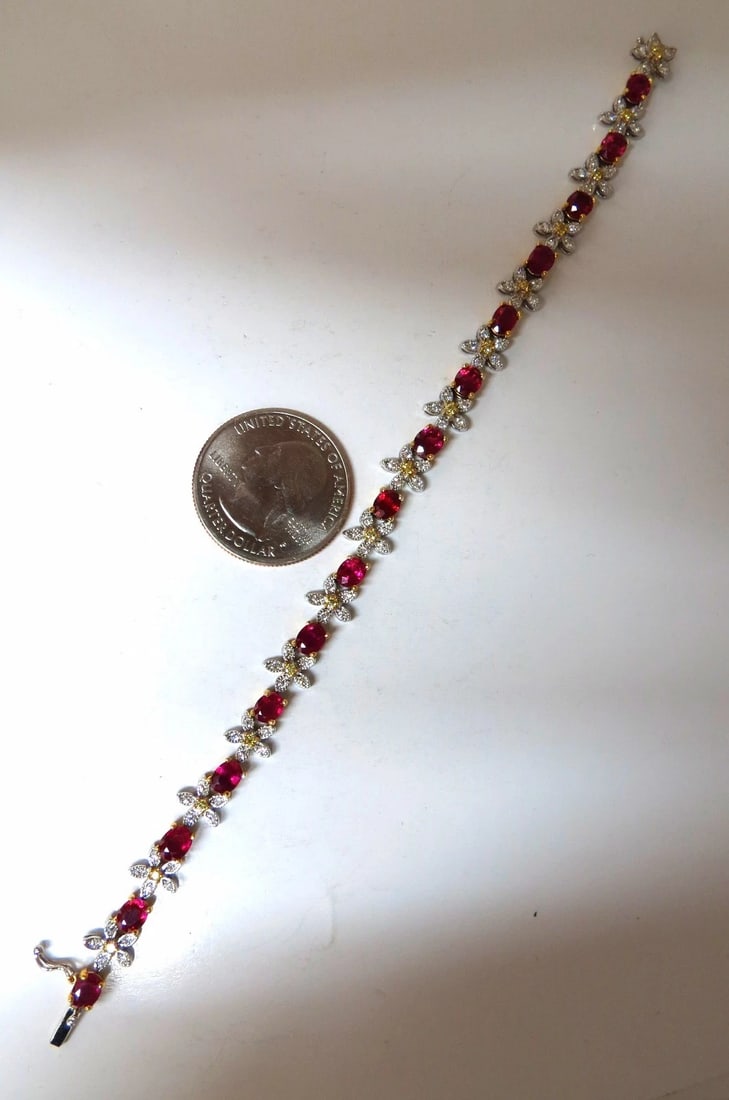 7.28ct Red natural ruby diamonds flower cluster tennis bracelet 18kt gold** - 4