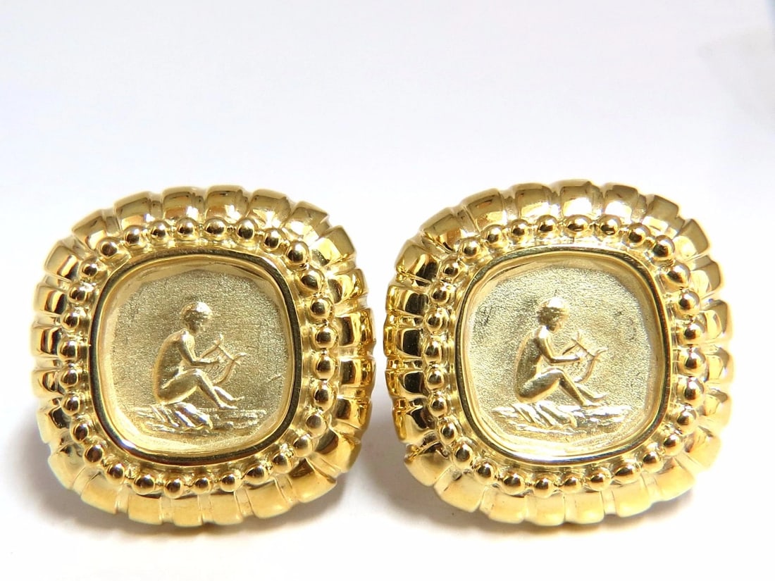 Designer Raafty Angel & Harp Gold Clip earrings 14kt Omega**: Title: Designer Raafty Angel & Harp Gold Clip earrings 14kt Omega** Description: Designer: Raafty Gold Clip Earrings Angel With Harp Measurements of Earrings: .95 X .97 inch 22.3 grams / 14kt. yellow