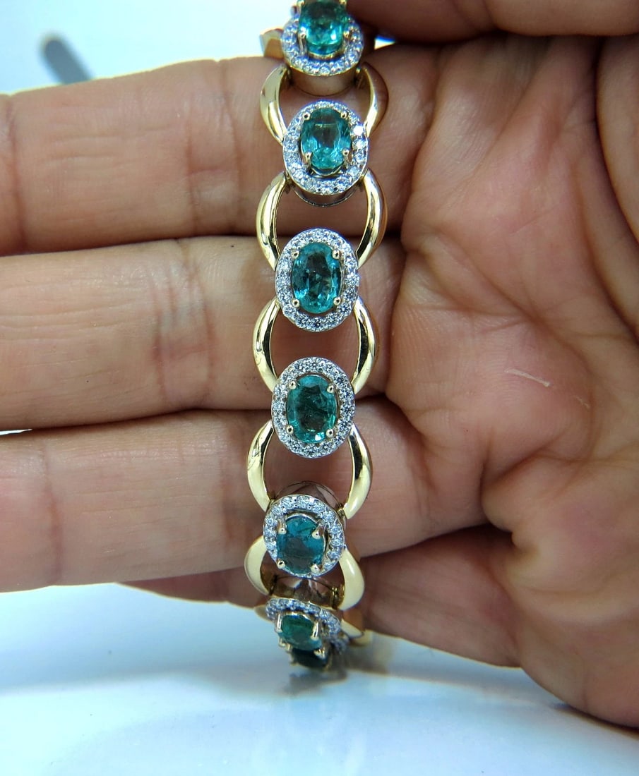 13.10ct Bright vivid green natural emerald diamonds cluster link bracelet 14kt** - 6