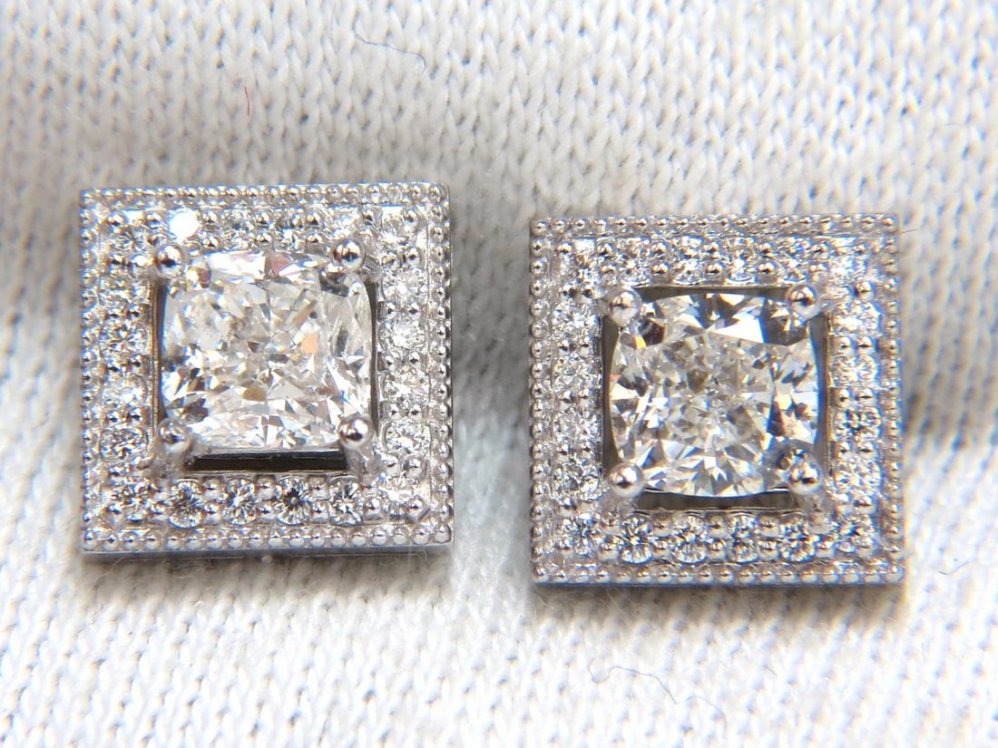 GIA Certified 1.00ct 1.01ct Square Halo Cushion cut diamond stud earrings 14k**: Title: GIA Certified 1.00ct 1.01ct Square Halo Cushion cut diamond stud earrings 14k** Description: The Cushions Square Halo. Bringing out the best sparkles. 1.01 & 1.00ct natural Cushion diamonds