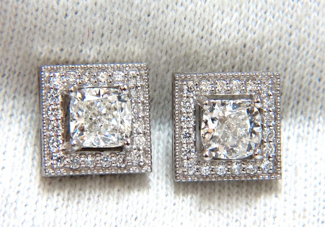 GIA Certified 1.00ct 1.01ct Square Halo Cushion cut diamond stud earrings 14k** - 2