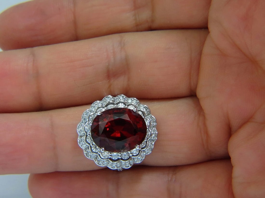 10.90ct Natural Hessonite Garnet Diamonds Ring 14kt Double Halo - 6