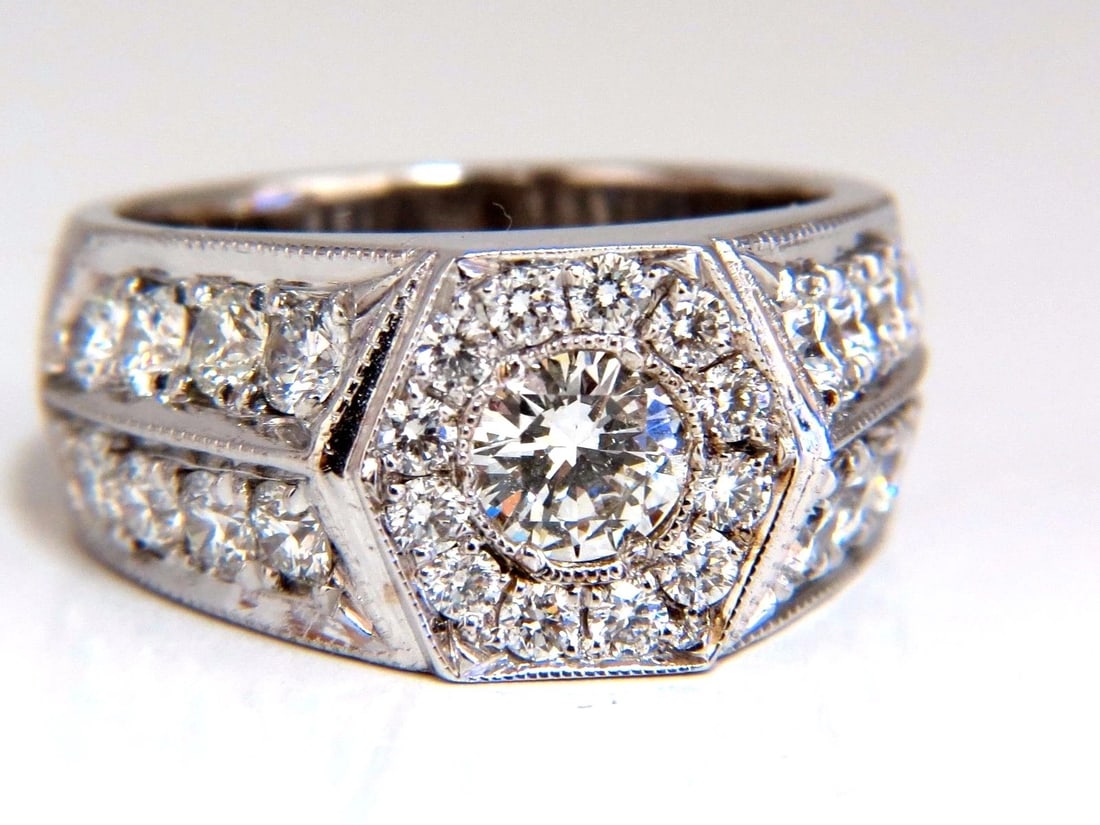 GIA Certified 2.29ct natural diamonds mens ring 18kt Hexagon Deck: Title: GIA Certified 2.29ct natural diamonds mens ring 18kt Hexagon Deck Description: Men's Round cut diamonds, Micro Bead Set Ring. Intricate Craftsmanship, Hexagon Deck. GIA Certified .49ct.