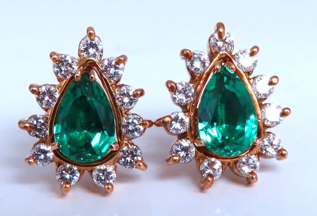 Lab Created Emerald Natural Diamond Stud Earrings Jacket & Solitaire 14kt Gold**: Title: Lab Created Emerald Natural Diamond Stud Earrings Jacket & Solitaire 14kt Gold** Description: Halo cluster Stud earrings 3.50ct Lab Emeralds Full cut brilliant clean clarity and transparent 9 x
