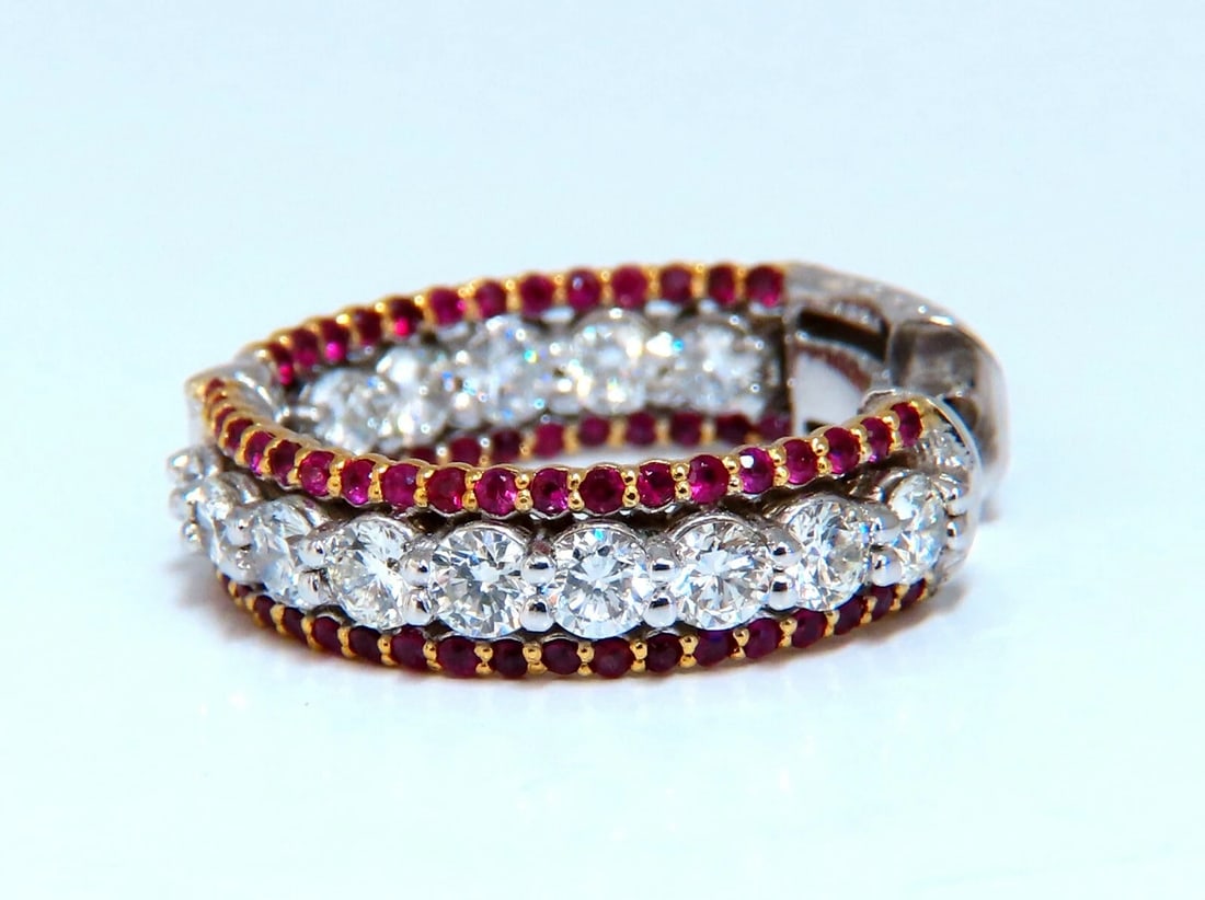 4.24ct natural red ruby diamond hoop earrings 14kt gold three row Intricate** - 4