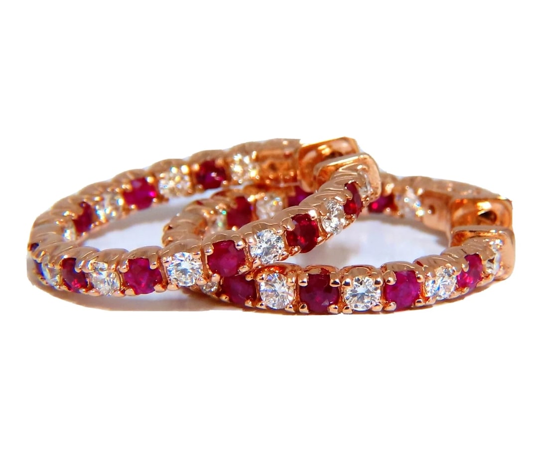 1.95ct natural Ruby diamonds hoop earrings 14kt rose gold inside out**: Title: 1.95ct natural Ruby diamonds hoop earrings 14kt rose gold inside out** Description: Inside/out natural Ruby and Diamond hoop earrings. 1.60ct. round rubies, full brilliant cut clean clarity and