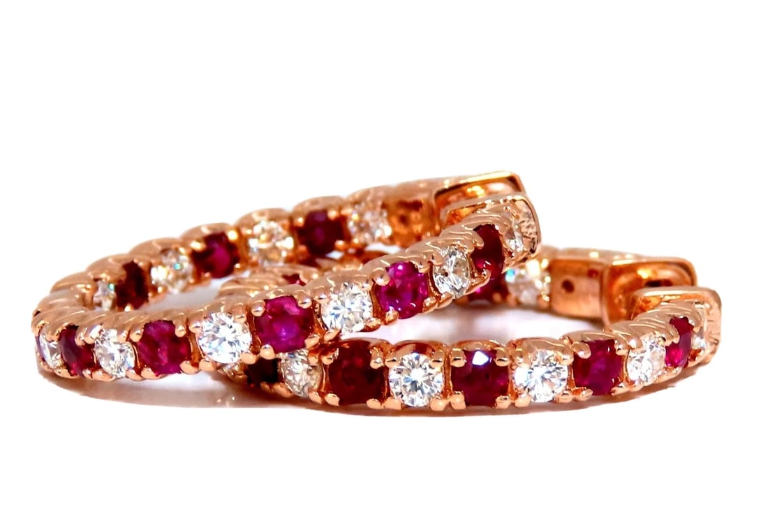 3.45ct natural Ruby diamonds hoop earrings 14kt rose gold inside out** (1 of 4)