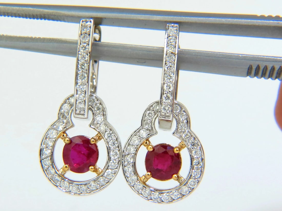 2.40CT NATURAL FINE GEM RED RUBY DIAMOND EARRINGS DANGLE HOOP 14KT** - 2