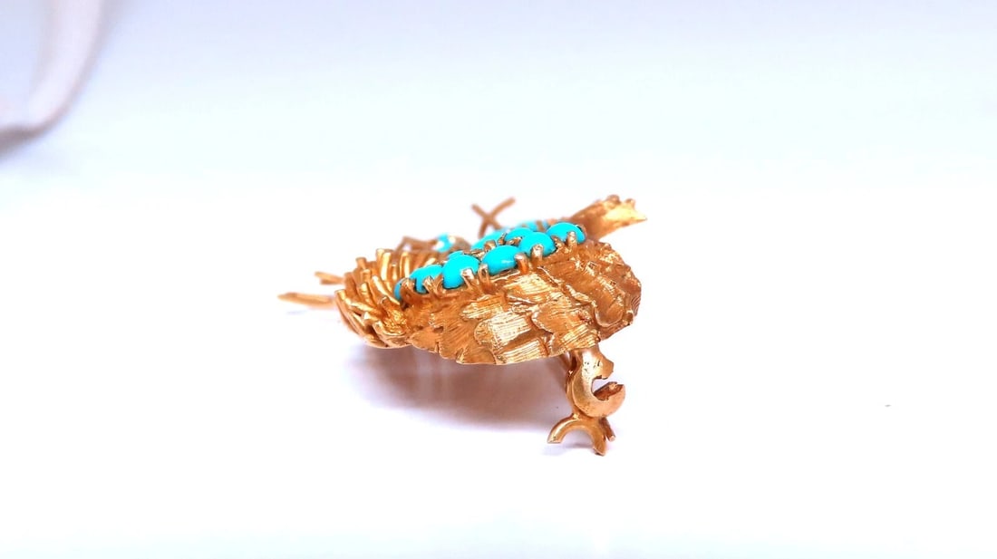 18kt Gold Natural Turquoise Peacock Pin Vintage** - 2