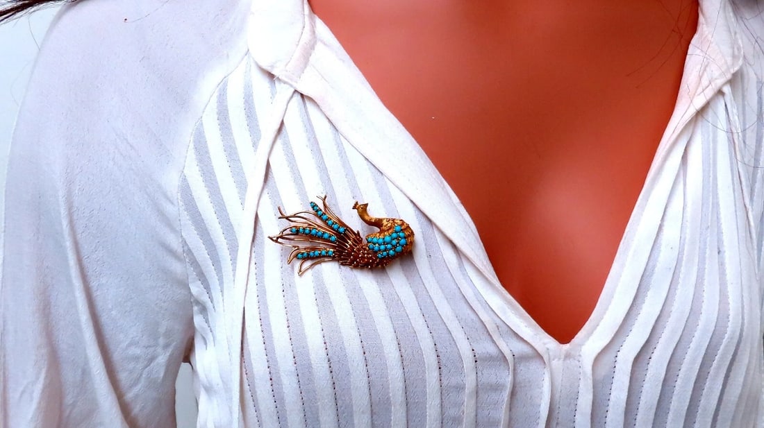 18kt Gold Natural Turquoise Peacock Pin Vintage** - 5