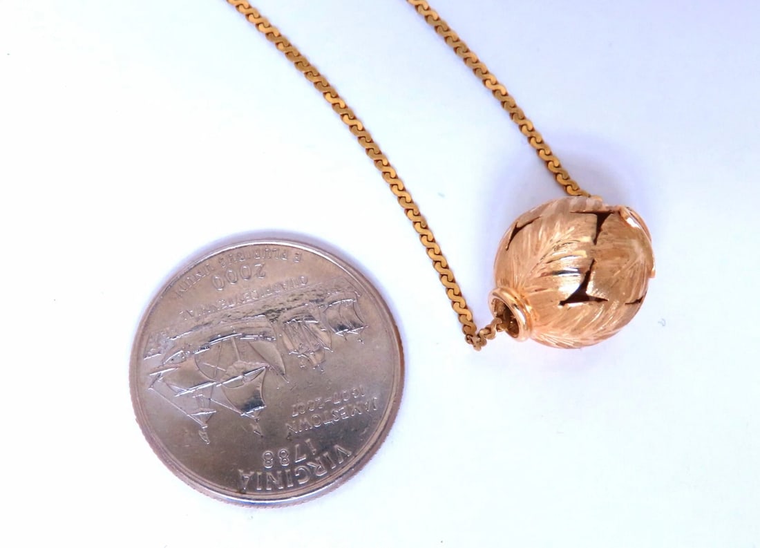 13mm Vintage Floral Gold Bean Necklace 14kt ** - 3