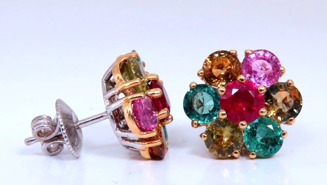 6.20ct Natural Ruby Sapphire Emerald Cluster Earrings 14kt gold** - 2