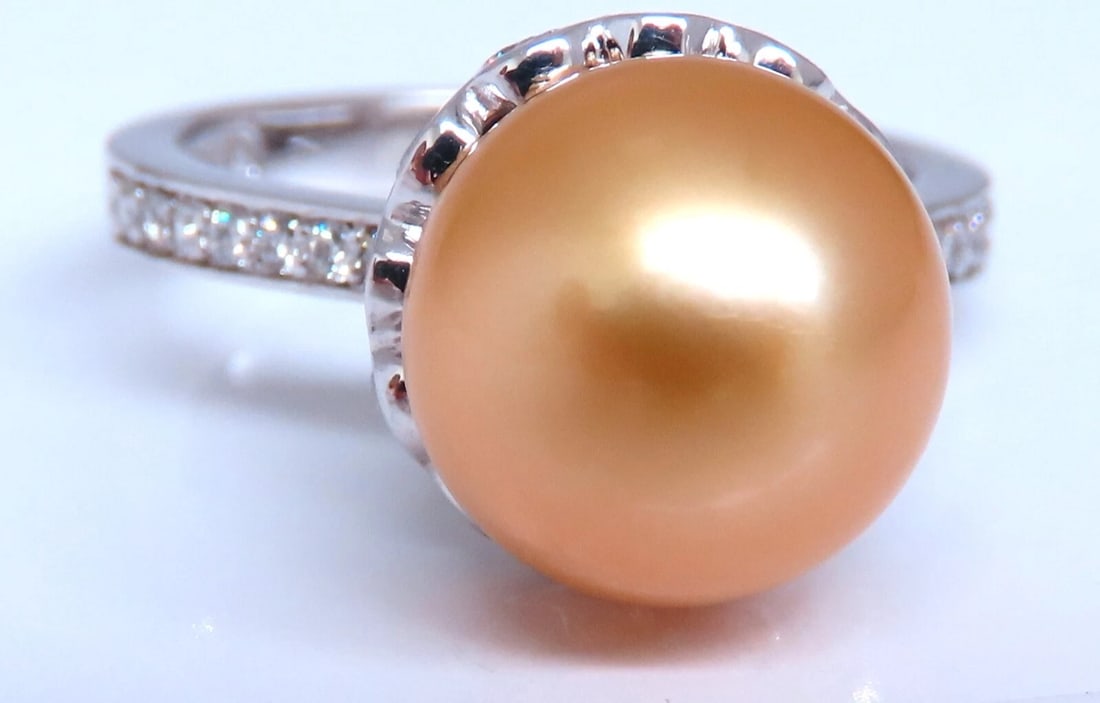 10.3mm Natural Golden South Seas Pearl Diamonds Rings 14kt** - 2