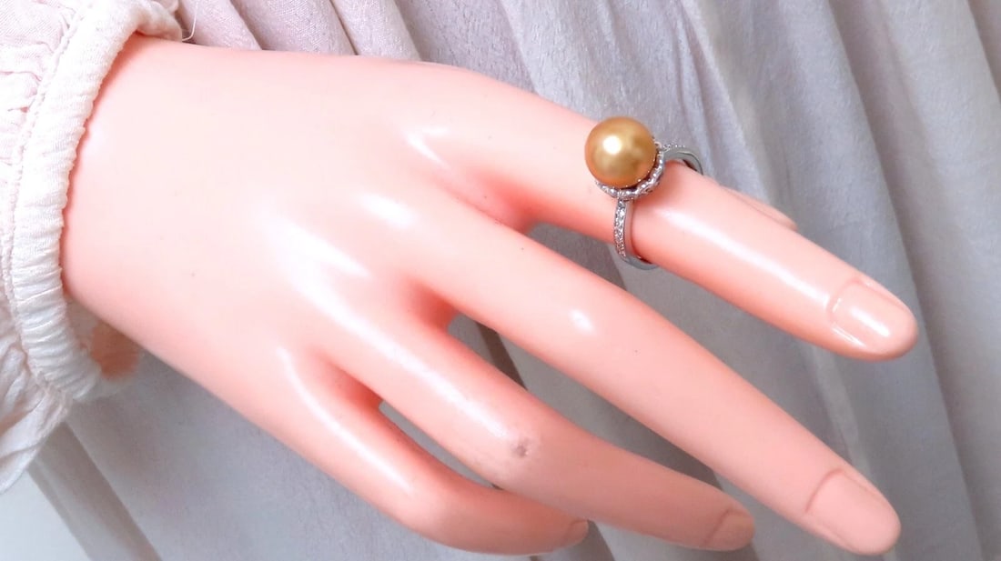 10.3mm Natural Golden South Seas Pearl Diamonds Rings 14kt** - 5