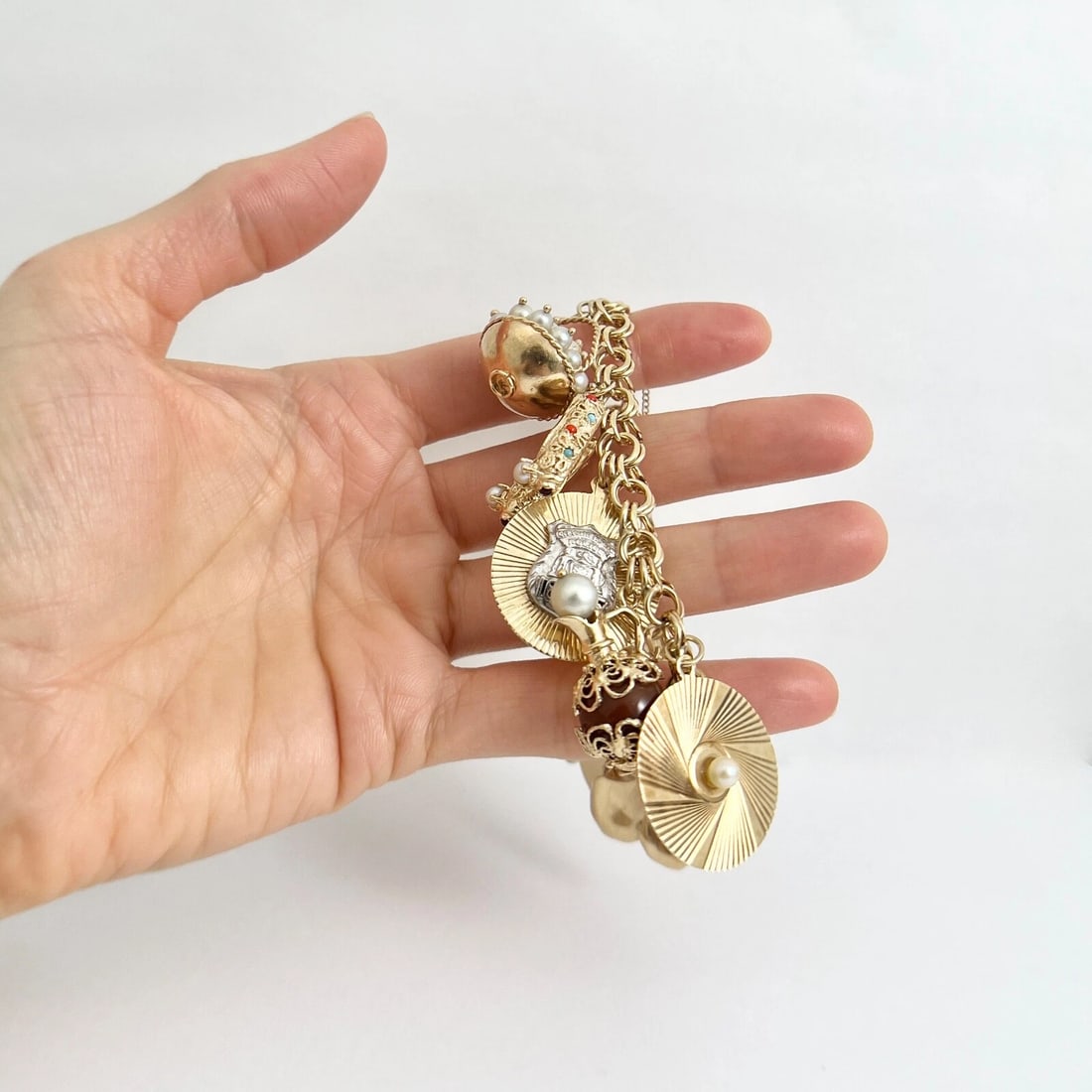 Vintage 1950's Pearl Shoes Hat Police Charm Bracelet 14K Yellow Gold, 59.27 Gram - 3
