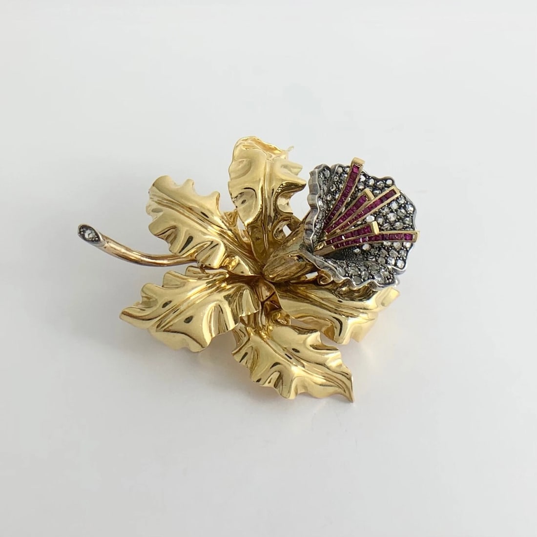 Antique Art Nouveau Diamond Ruby Flower Brooch Pin 18K Yellow Gold, 38.16 Gr - 5