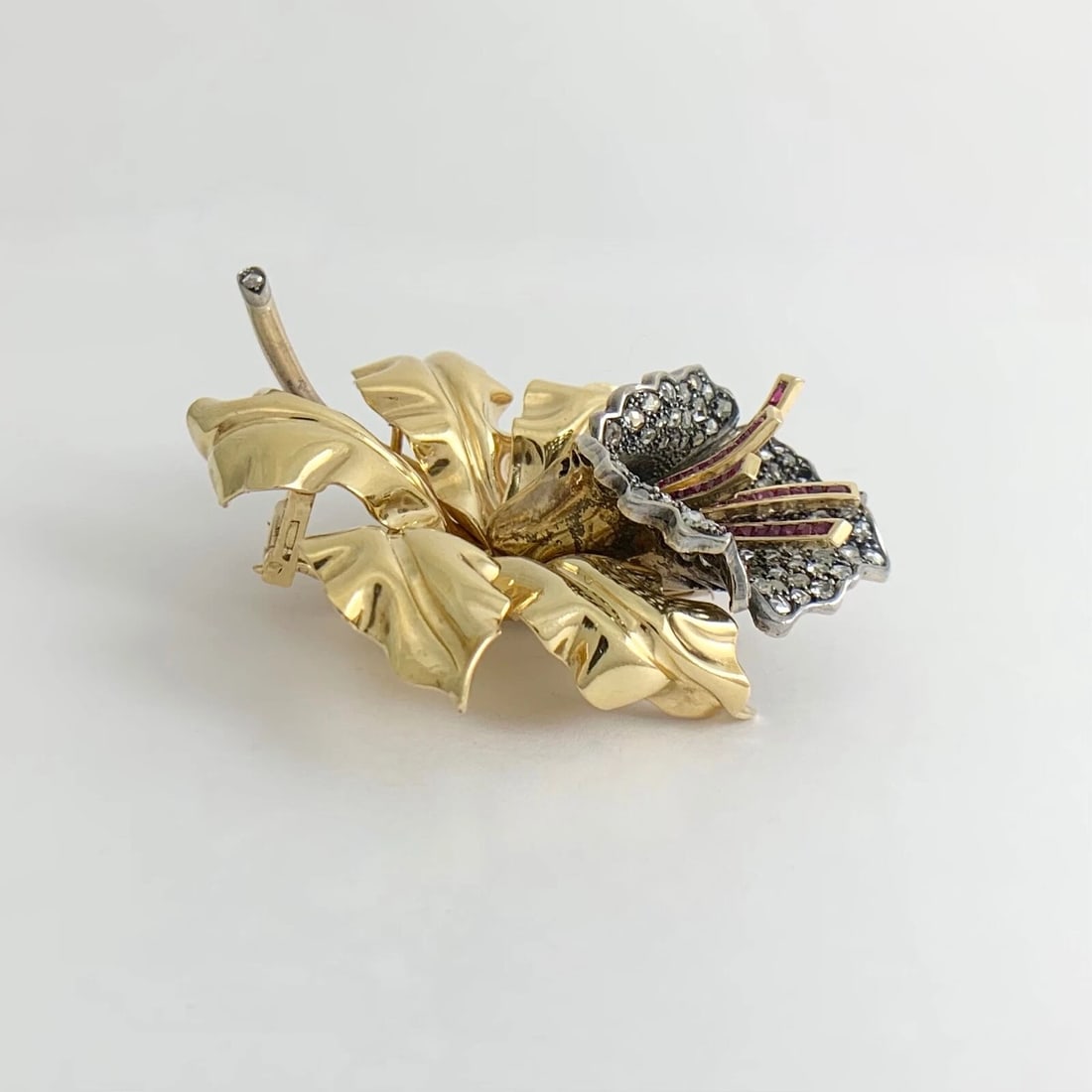 Antique Art Nouveau Diamond Ruby Flower Brooch Pin 18K Yellow Gold, 38.16 Gr - 8