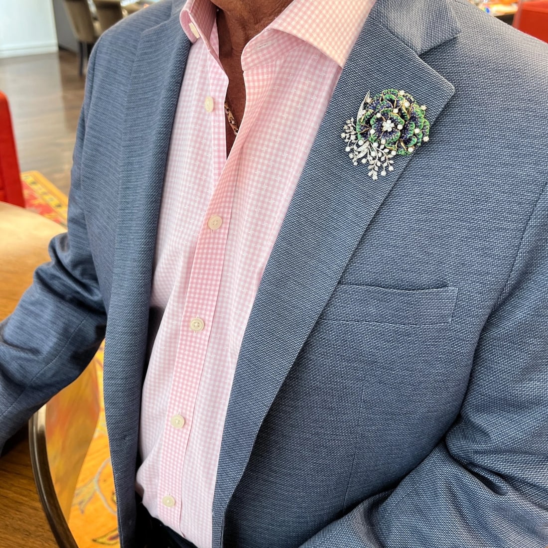 Vintage 1950's Blue Green Enamel Diamond Flower Brooch 18K Yellow Gold, 43.74 Gr - 4