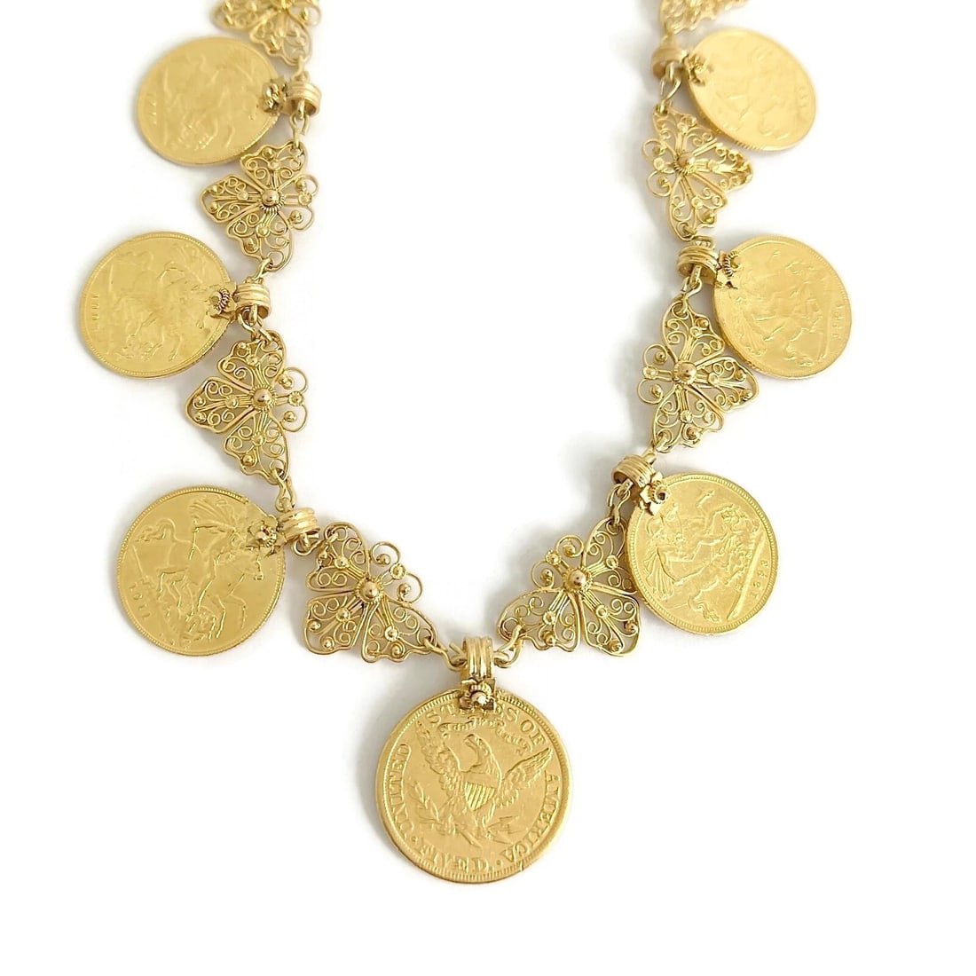 Vintage Antique Coin Butterfly Chain Necklace 22K Yellow Gold, 52.56 Grams (1 of 13)