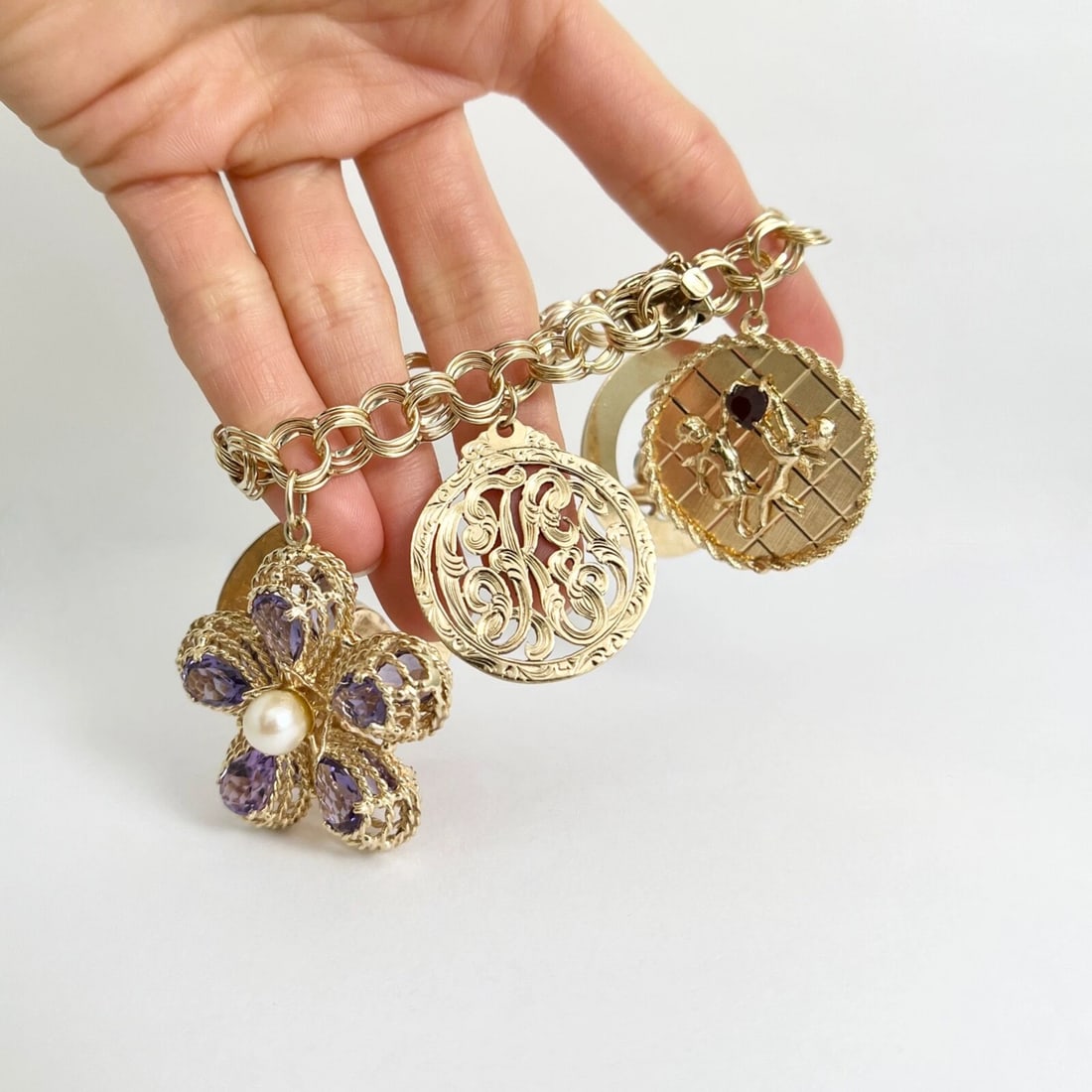 Vintage 1950's Flower Cupid Baby Shoes Charm Bracelet 14K Yellow Gold, 72.44 Gr - 3