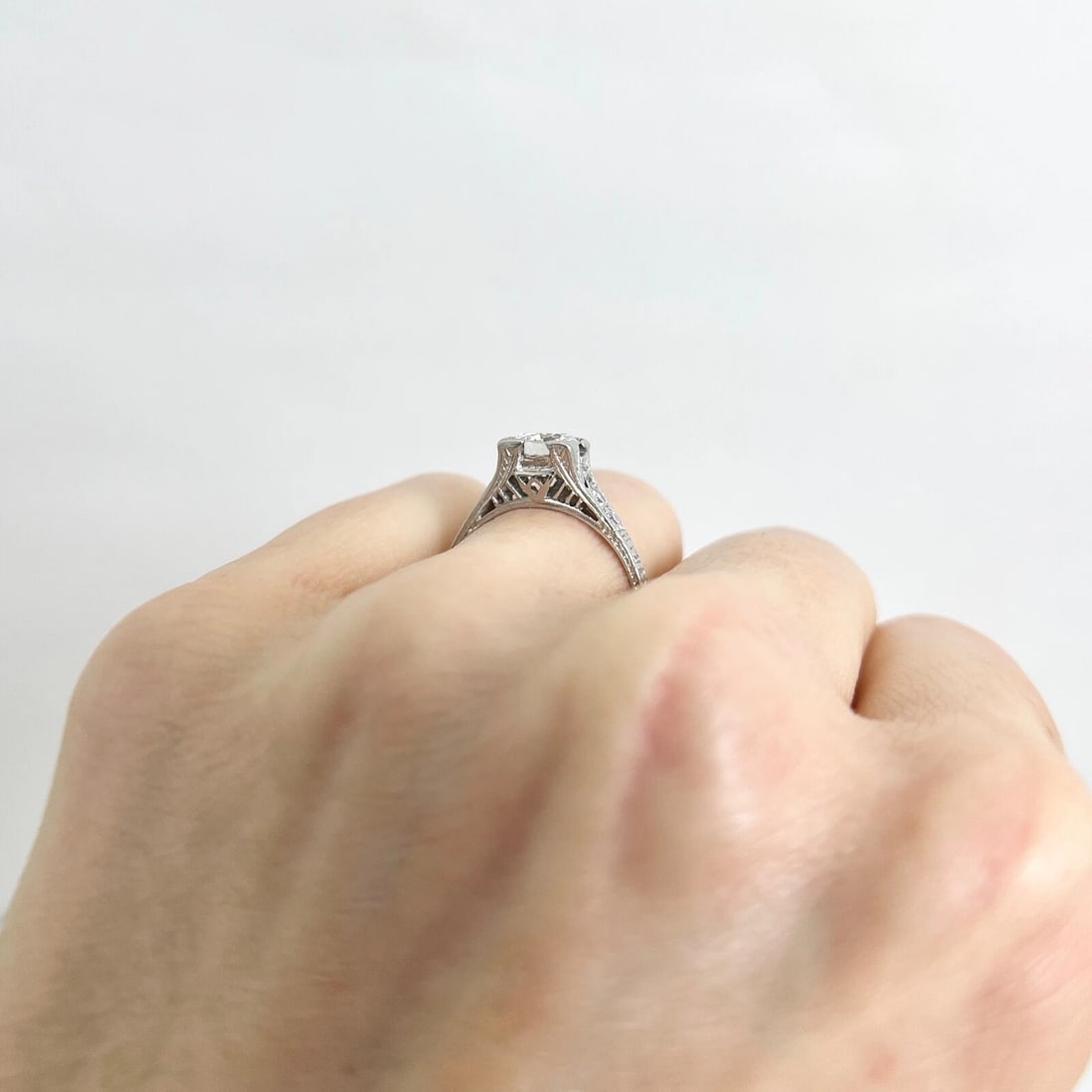 Vintage 1940's Etched Diamond Engagement Ring Platinum, .82 CTW, 3.40 Grams - 6