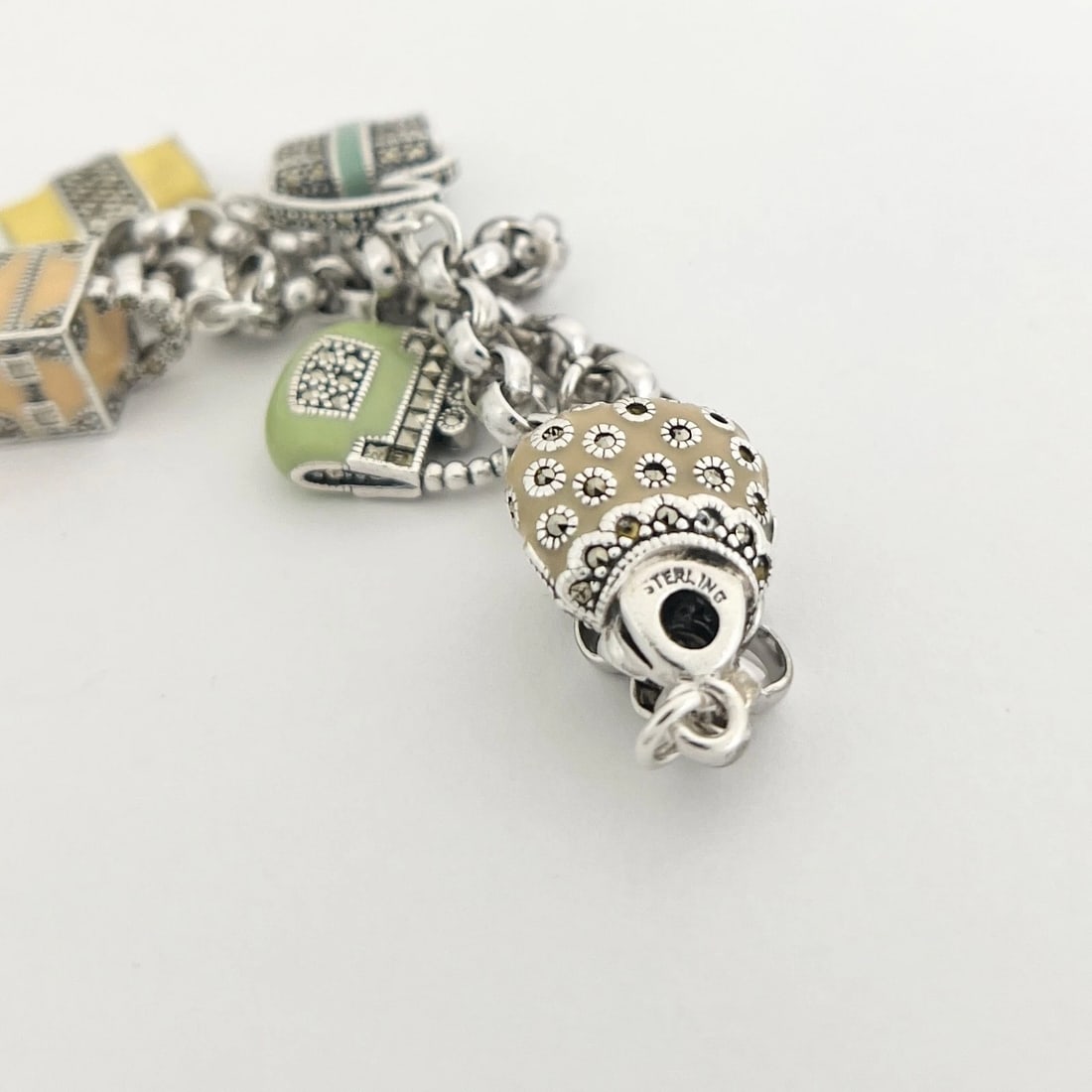 Vintage Judith Jack Enamel Purse Charm Bracelet Sterling Silver, 38.02 Grams - 10