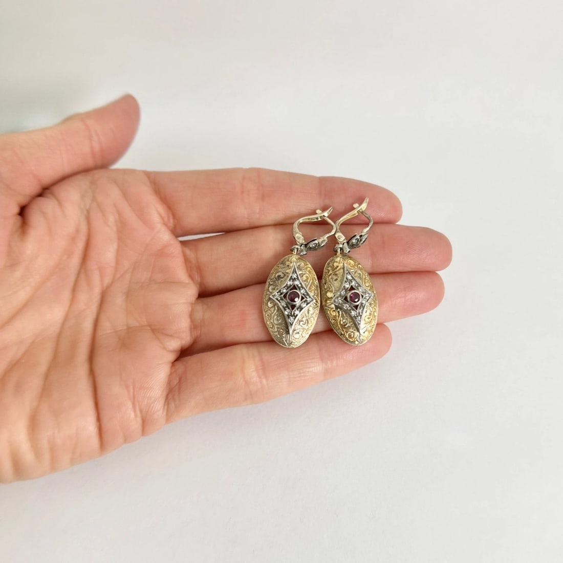 Antique Ruby Diamond Dangle Drop Earrings 18K Yellow Gold and Silver, 6.19 Grams - 3