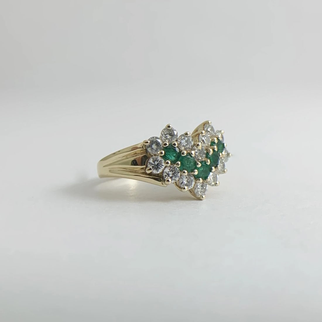 Vintage Green Emerald Diamond Chevron Statement Ring 14K Yellow Gold, 4.77 Grams - 7