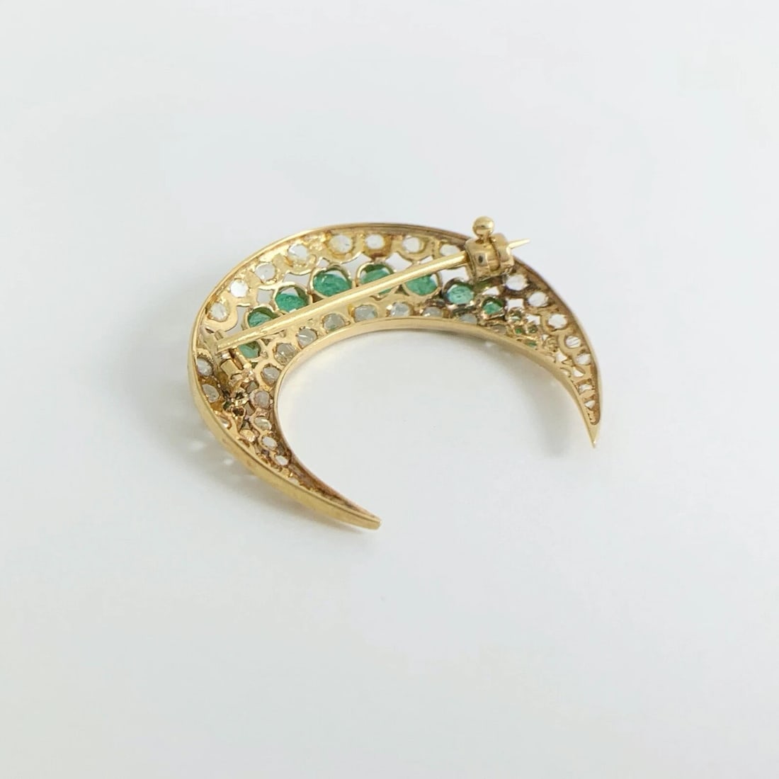 Antique Victorian Emerald Diamond Crescent Moon Brooch Pin 18K Gold, 7.73 Grams - 7
