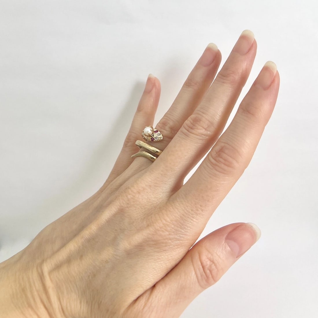 Antique Art Nouveau Snake Pearl Diamond Cocktail Ring 14K Yellow Gold, 7.01 Gr - 4