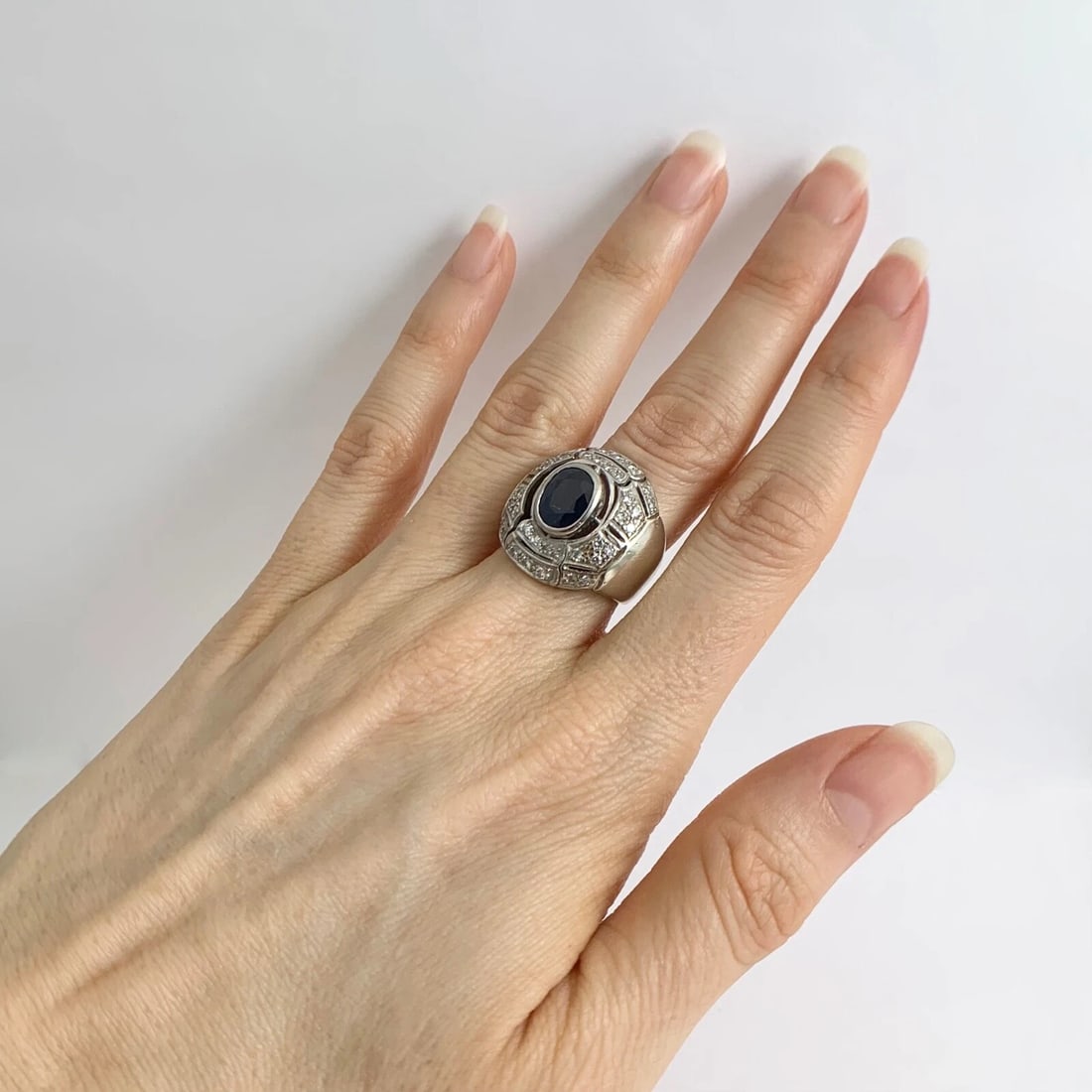 Vintage 1960s Oval Sapphire Diamond Large Statement Ring 14K White Gold 12.20 Gr - 4