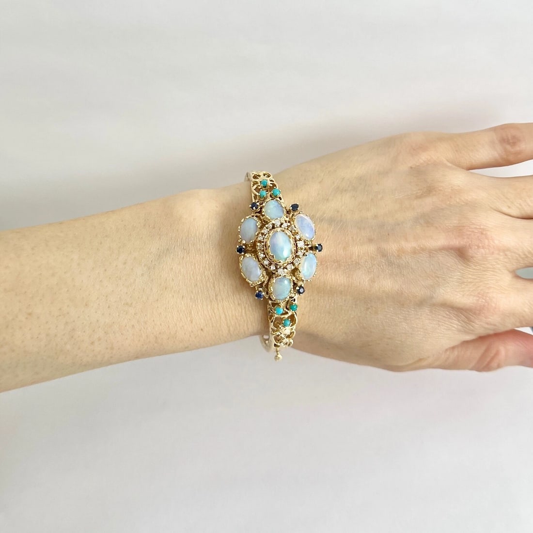 Vintage 1950's Opal Diamond Turquoise Bangle Bracelet 14K Yellow Gold, 24.99 Gr - 3