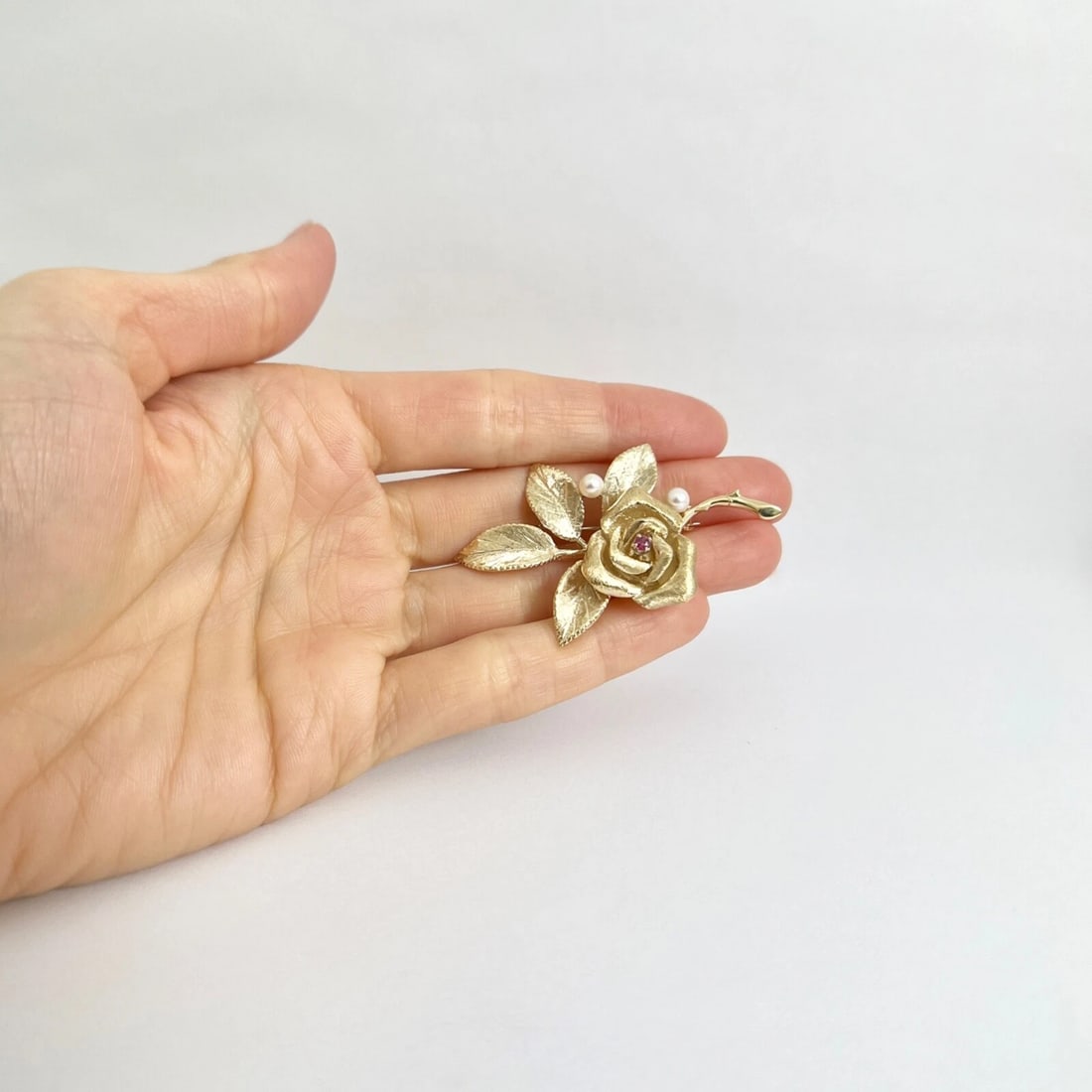 Vintage 1950's 1960's Pearl Ruby Flower Rose Brooch Pin 14K Yellow Gold 13.51 Gr - 3